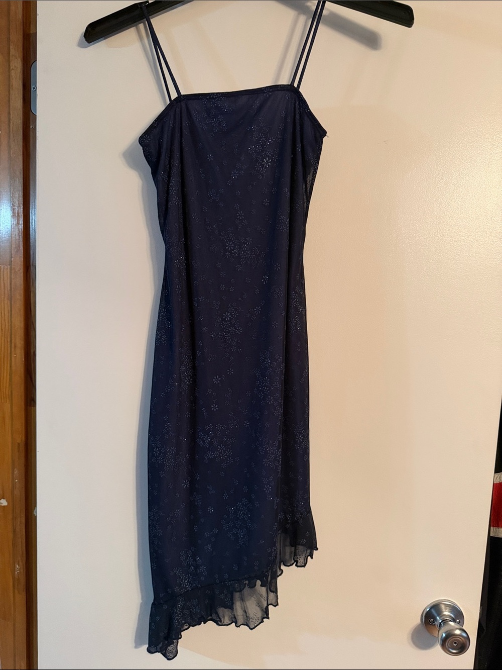 Navy Blue Maxi Slip Dress with Delicate Floral Detail